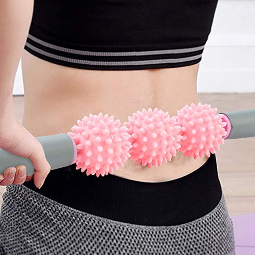 Muscle Roller Stick, Portable Yoga Massage Stick with 3 Spiky Balls for Deep Tissue Relief, Myofascial Release Massager for Legs Arms Back Shoulders Neck Pain Relief (Pink) - color: Pink