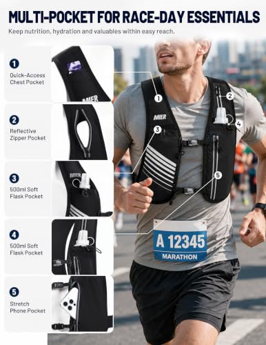MIER Running Hydration Vest for Women Men, 500ml Soft Flask & Phone Holder - color: Black, size: Medium-Large