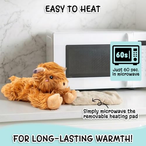 Highland Cow Microwavable Stuffed Animal – 1.5 lb Unscented Heating Pad Plush, Soft Cozy Cute Cow Toy for Relaxation and Comfort, Gift for Women, Girls, Adults & Kids by Happy Fuel - color: Brown Highland Cow (Lying Down)