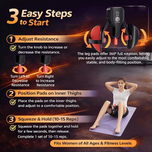 Thigh Trainer for Women & Men, 176LB Adjustable Pelvic Floor Exercise Equipment with LED Display Counter and Resistance Indicator, Inner Thigh Exerciser for Home Gym, Glutes, Legs & ARMS