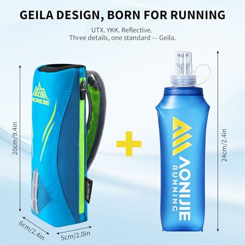 Geila Handheld Water Bottle for Running, 17 oz Grip Handheld Bottle with Hand Strap Hydration Pack, Sport Soft Flask - color: Blue+500ML Soft Flask
