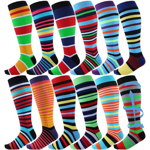 Shyyween 12 Pairs Men Knee High Compression Socks - size: Large, style: Colorful Stripes