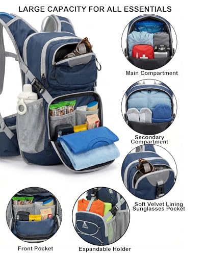 VPBAGE Hydration Backpack with 2L Bladder – Thermal Insulated Water Pack for Hiking, Skiing, Running – Lightweight Daypack for Men & Women, Soft-Lined Sunglasses Pocket & Large Waist Pockets - color: Navy Blue