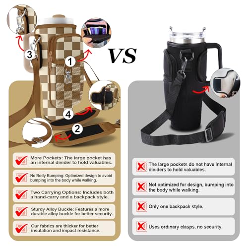 Stanley Carrier Bag for Stanley 40oz/30ozTumbler with Phone with 2 Adjustable Strap,3 Pockets Bottle Stanley Cup Carrier Bag & Case,Accessories for Hiking Travelling - color: Gray and white checkered