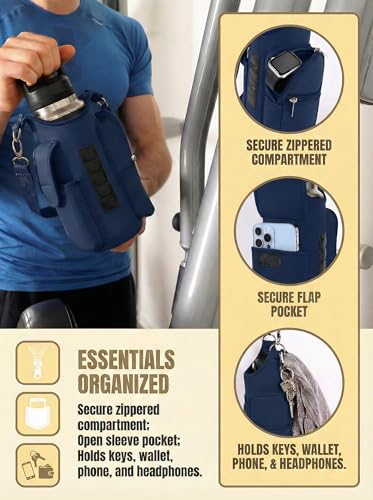 RICHEN Magnetic Gym Bag,Magnets Gym Water Bottle Bag Carrier Holder with Pockets & Strap Fit for 18 to 40 oz Owala Hydro Flask Yeti, Gym Accessories for Men Women,Walking, Hiking - color: Navy Blue