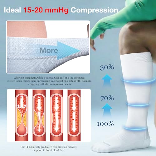 LEVSOX Bamboo Viscose Wide Calf Compression Socks 20-30 mmHg with Cushioned - color: White, size: Medium