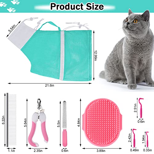 JULMELON 10 PCS Cat Washing Bag for Bath Shower Adjustable Net Grooming Set - color: Pink+Green