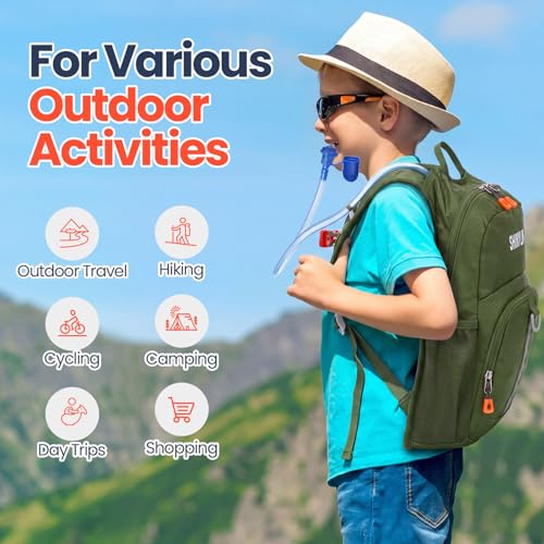 Shinylin Kids Hydration Backpack with 1.5L Water Bladder Hiking Backpack Lightweight for Boys or Girls Children Biking Climbing Running Cycling - color: Olive Green, style: Classic