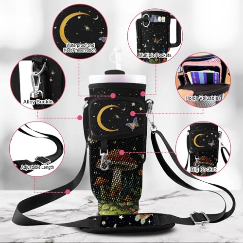 Stanley Carrier Bag for Stanley 40oz/30ozTumbler with Phone with 2 Adjustable Strap,3 Pockets Bottle Stanley Cup Carrier Bag & Case,Accessories for Hiking Travelling - color: Black Mushroom