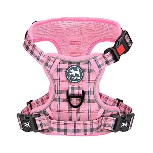 PoyPet Plaid Dog Harness Small, No Pull Vest with Front Clip & Neck Buckle - color: Checkered Pink, size: S