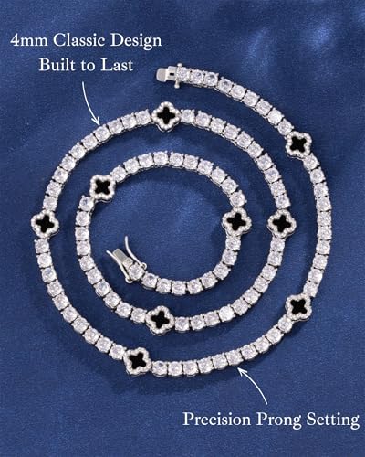 LuxeFlex 4mm Iced Out Four Leaf Tennis Chain,White Gold Plated with 5A Zircon Stones, exquisite Handmade Hip Hop Bling Necklace Perfect Unisex Jewelry Gift - color: White Gold, size: 16 INCH