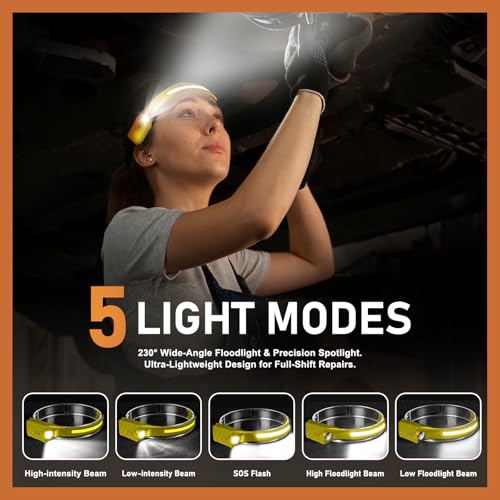 Nessciera Rechargeable LED Headlamp, 400 Lumens, 230° Wide Beam, USB-C, 5 Modes — Lightweight, Adjustable Headband; Hard Hat Clips for Camping, Hiking, Running, Repairs & Gift (1, Yellow) - color: Yellow