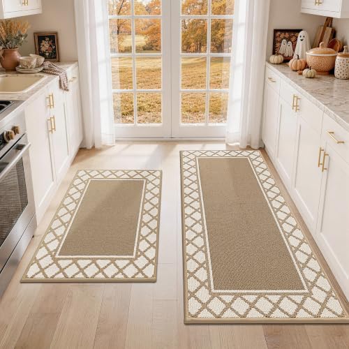 COSY HOMEER Washable Kitchen Rugs Sets of 2 Non-Slip Kitchen Mats,Beige - color: Beige, size: 20"x30" + 20"x48"