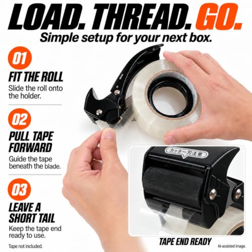 Metal Packing Tape Dispenser Gun, Metal Tape Gun Fits Packaging Tape with Dispenser up to 2 Inches, Adjustable Brake Tape Gun Handheld Sealing Cutter for Warehouse Tools Black