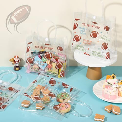Aliceset 12 Pcs Football Gift Bags Bulk Transparent Football Goodie Bags with Handles Reusable PVC Gift Totes for Game Day Sports Birthday Parties Team Events Gifts Treat - style: Football