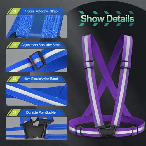2 Packs Reflective Vest Running Gear, High Visibility Reflective Running Gear Adjustable Elastic Safety Vest for Night Jogging, Biking, Walking or Dog Walking, Running Vest for Men Women Children - color: Blue &purple