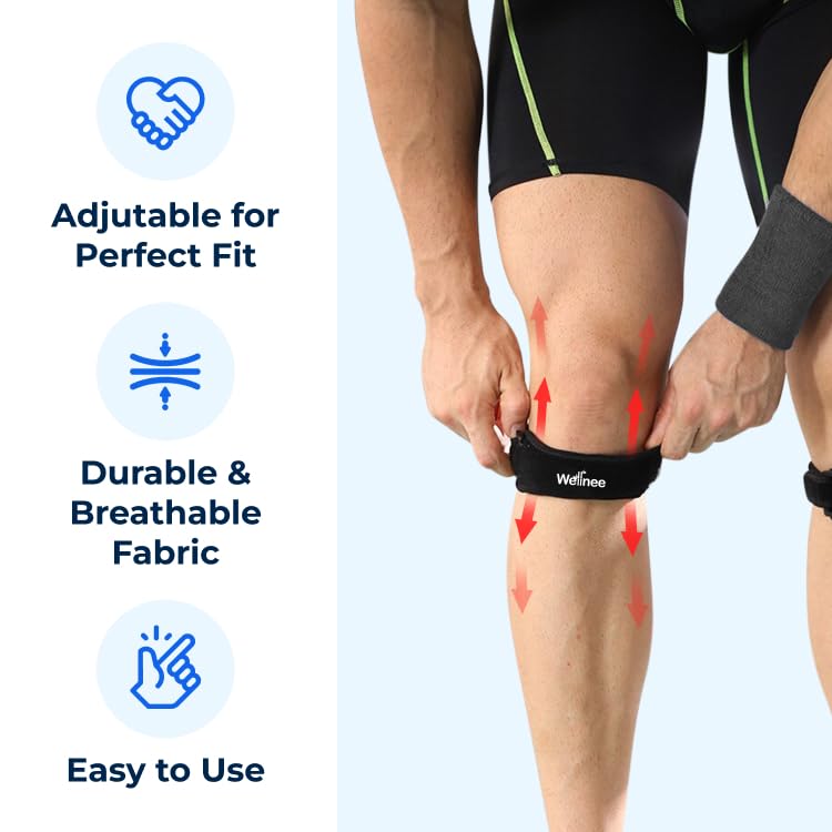 Wellnee Patella Knee Strap – Adjustable Knee Brace for Support, Running, Basketball, Volleyball, Tennis, Hiking, and more – One Size Fits Most - Wellknee Knee support for Women & Men (1 Pack)