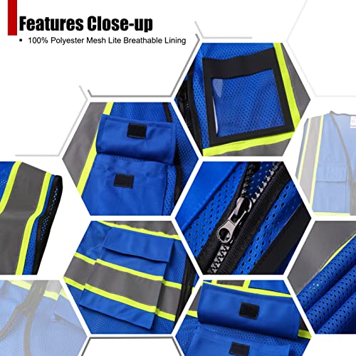 Reflective Safety Vest for Men Women Hi Vis Vest with 8 Pockets High Visibility Mesh Reflective Vest (Blue-07, X-Large) - color: Blue, size: X-Large