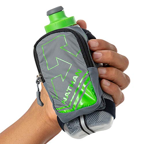 Nathan Insulated Handheld Flask.SpeedShot-Plus.Grip Free Running Bottle.,Grey / Green