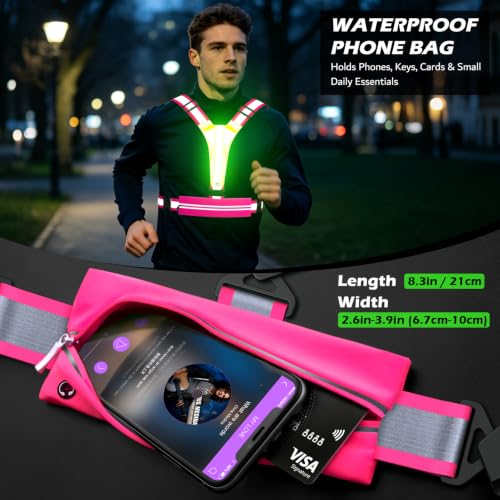 LED Reflective Vest Running Gear Set,USB Rechargeable Light Up Running Vest for Runners Night Walking with Waterproof Phone Bag,High Visibility Armband,Adjustable Waist&Shoulder for Men Women - color: Pink