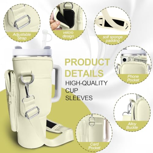 Water Bottle Carrier Bag for Stanley Cup 40oz/30oz with Phone Pocket, Neoprene Water Bottle Holder with Adjustable Shoulder & Handle Strap, Stanley Cup Accessories for Walking Travel Gym - color: Beige