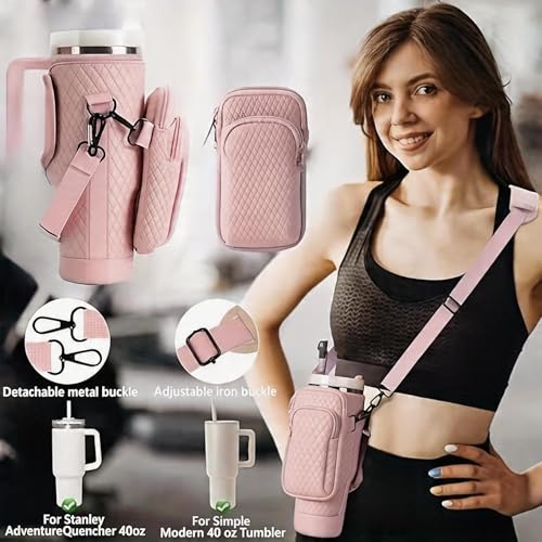 Water Bottle Carrier Bag with Phone Pocket for Stanley 40oz Cup Tumbler Crossbody Sling Pouch Adjustable Shoulder Strap Holder Sleeve for Stanley Cup Carry All Gym Hiking Walking Travel