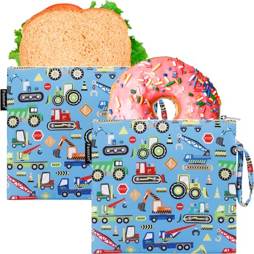 Fammart Reusable Sandwich Bag/Snack Bag for Kids & Adults, Dual Layer Lunch Bag with Handle, Washable, Food Safe, BPA Free (2-Pack, Car) - color: Large, 2 Packs - Car