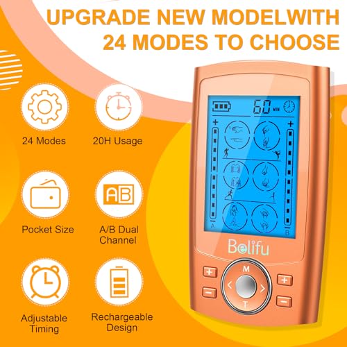 Belifu TENS Unit PMS Massager 24 Modes Muscle Stimulator, Electronic Tens Machine for Neck, Back, Arms & Chronic Pain Relief - color: Orange
