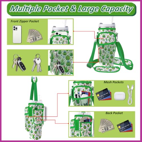 Water Bottle Carrier Bag for Stanley 40/30oz Cup Tumbler with Phone Pocket,Insulated Crossbody Water Bottle Holder with Adjustable Strap,Water Bottle Sling Pouch for Hiking Walking Camping Accessories - color: Cactus Palm Leaves Aloe Vera