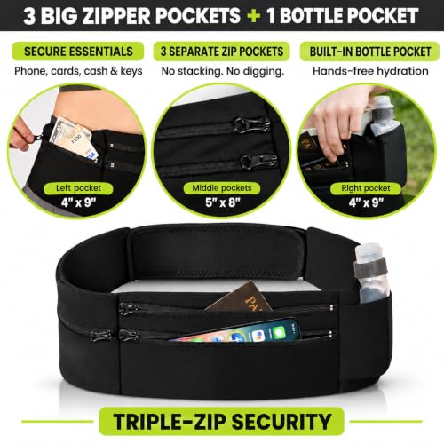 StashBandz Running Belt & Money Belt, 3 Zipper Pockets + Bottle Holder - size: Large
