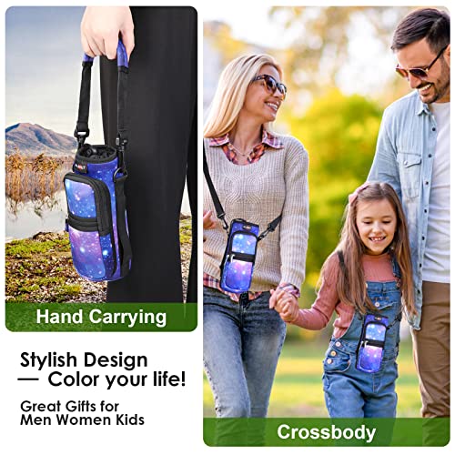 AUPET Water Bottle Sling Bag Sleeve Holder Carrier 25/32/40/64 oz,Insulated Crossbody Water Bottle Case Cover with Strap and Pockets for Men/Women Walking Hiking - color: purple starry sky, size: 64oz