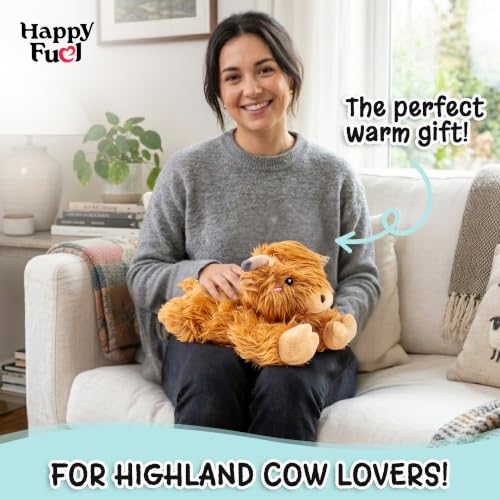 Highland Cow Microwavable Stuffed Animal – 1.5 lb Unscented Heating Pad Plush, Soft Cozy Cute Cow Toy for Relaxation and Comfort, Gift for Women, Girls, Adults & Kids by Happy Fuel - color: Brown Highland Cow (Lying Down)