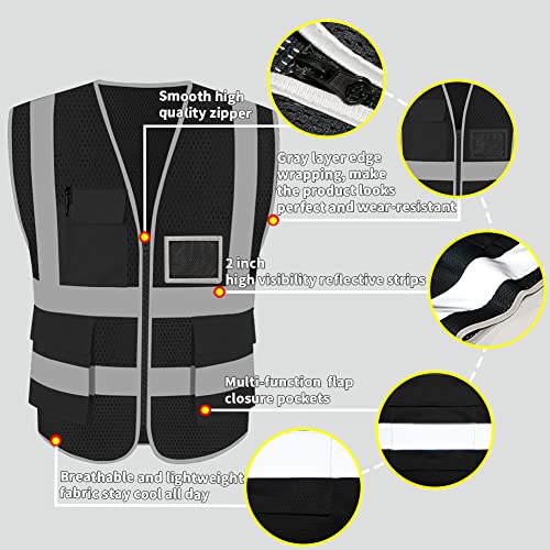 HYCOPROT High Visibility Mesh Safety Reflective Vest with Pockets and Zipper, Meets ANSI/ISEA Standards - color: Black, size: 3X-Large