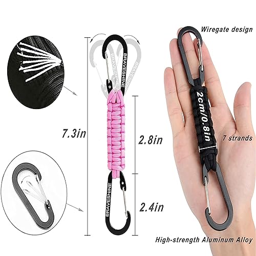 BRAVESHINE Paracord Keychain Carabiner Clip | D Ring Hanger Lanyard Hook - color: 1 Black 1 Pink