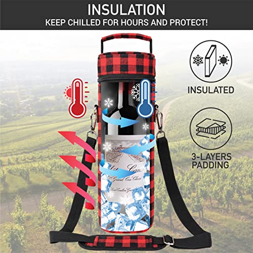 opux Single Bottle Wine Bag Carrier, Insulated Cooler Tote, Plaid Red Black - color: Buffalo Plaid Red