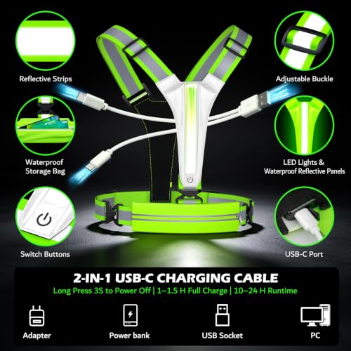 LED Reflective Vest Running Gear Set,USB Rechargeable Light Up Running Vest for Runners Night Walking with Waterproof Phone Bag,High Visibility Armband,Adjustable Waist&Shoulder for Men Women - color: Green