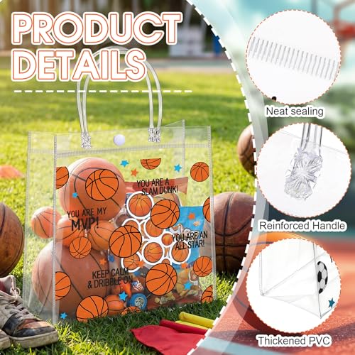 Aliceset 12 Pcs Basketball Gift Bags Bulk Transparent Basketball Goodie Bags with Handles Reusable PVC Gift Totes for Game Day Sports Birthday Parties Team Events Gifts Treat - style: Basketball