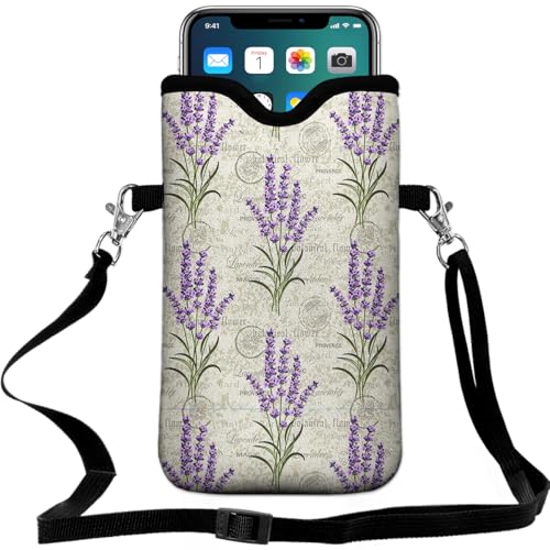 Universal Neoprene Cell Phone Pouch 7.1 X 4 In Mobile Protection Case Bag With Crossbody Strap/Neck Lanyard Purple Lavender Flower Lilac Floral - color: Purple Lavender Flower Lilac Floral