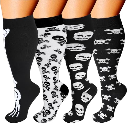 3/4 Pairs Wide Calf Compression Socks for Women Men 20-30 mmHg Knee High - color: 4 Pairs Skull, size: 4X-Large