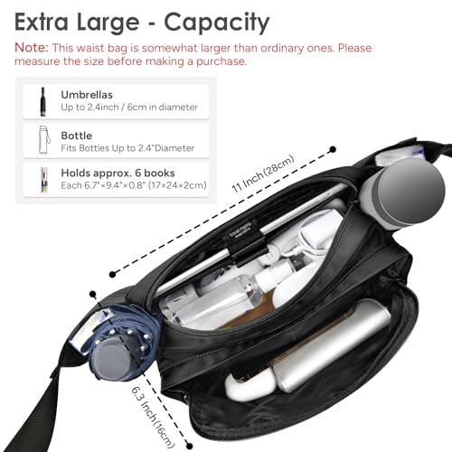 Large Crossbody Waist Bag Tactical Fanny Pack for Men Hip Bum Bag with Water Bottle Holder Adjustable Belt, Workout Traveling Casual Running Hiking Cycling - color: Black