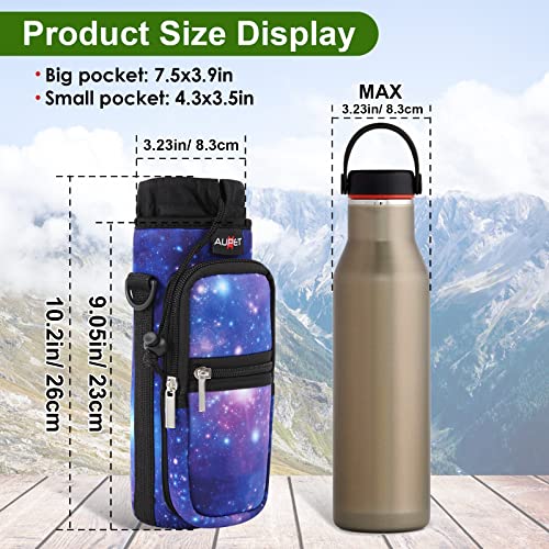 AUPET Water Bottle Sling Bag Sleeve Holder Carrier 25/32/40/64 oz,Insulated Crossbody Water Bottle Case Cover with Strap and Pockets for Men/Women Walking Hiking - color: purple starry sky, size: 25oz