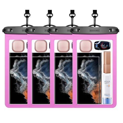 4 Pack 10.5“ Large Waterproof Phone Pouch - Underwater Clear Cell Holder - Universal Water Proof Dry Bag with Neck Lanyard for iPhone 16 Pro Max Samsung Galaxy with Heavy Case for Beach Swimming Pool - color: 4 Magenta