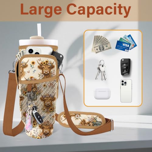 Water Bottle Carrier Bag for Stanley Cup 40/30oz, Neoprene Water Bottle Holder Pouch with 3 Pocket Adjustable Shoulder & Hand Strap - color: Floral Highland Cow