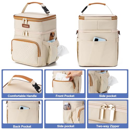 Breastmilk Cooler Bag with Ice Pack Fits 6 Baby Bottles Up to 9 Ounce, Double Deck Leak-Proof Baby Bottles Bag with Shoulder Strap for Nursing & Working Mom, - color: Beige with pocket