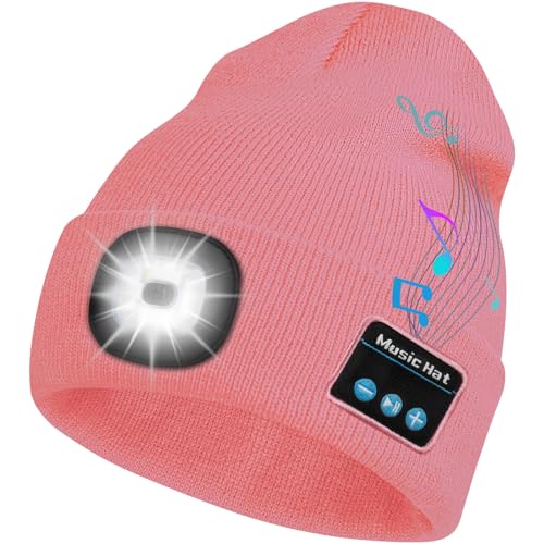 Bosttor Bluetooth Beanie Hat with Light, Headlamp Cap with Headphones and Built-in Speaker Mic, Gifts for Men Women Teen - color: Pink