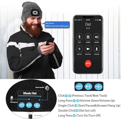 ATNKE LED Lighted Bluetooth Beanie Hat,USB Rechargeable 4 LED Wireless Music Running Headlamp Cap Gift for Men and Women - color: #Blended Black White
