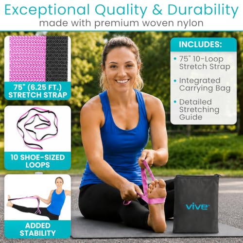 Vive Stretch Strap (75" - 10 Loops) - Leg Stretch Band to Improve Flexibility - Stretching Out Yoga Strap - Exercise and Physical Therapy Belt for Rehab, Pilates and Gymnastics with Guide Book - color: Pink