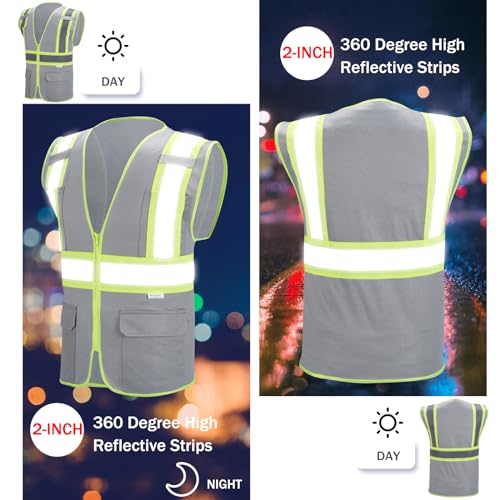 High Visibility Reflective Safety Vest with Zipper and Pockets Grey,M - color: Grey, size: Medium