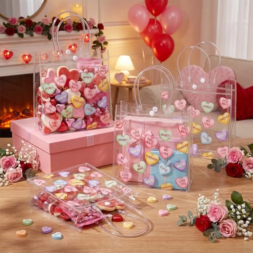 Aliceset 12 Pcs Valentine's Day Gift Bags Bulk Heart Printed Transparent Goodie Bags with Handles Reusable PVC Gift Totes for Valentines Wedding Bridal Birthday Party Favor(Conversation Heart) - style: Conversation Heart