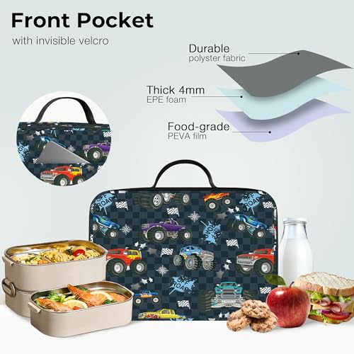 Clastyle Car Insulated Kid Lunch Bag for Boy Lunch Box, Black Race Truck - color: Checker Flag